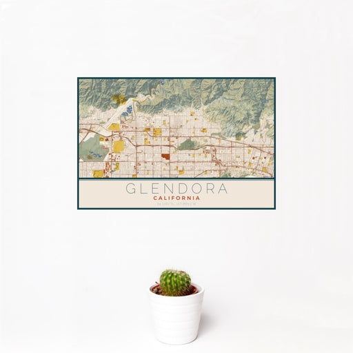 12x18 Glendora California Map Print Landscape Orientation in Woodblock Style With Small Cactus Plant in White Planter