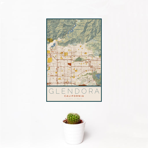 12x18 Glendora California Map Print Portrait Orientation in Woodblock Style With Small Cactus Plant in White Planter