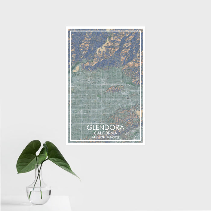 16x24 Glendora California Map Print Portrait Orientation in Afternoon Style With Tropical Plant Leaves in Water