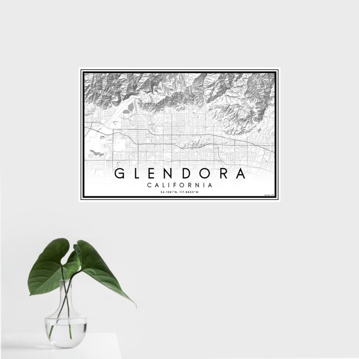 16x24 Glendora California Map Print Landscape Orientation in Classic Style With Tropical Plant Leaves in Water