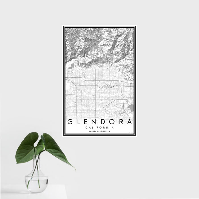 16x24 Glendora California Map Print Portrait Orientation in Classic Style With Tropical Plant Leaves in Water
