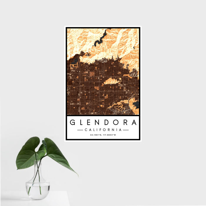 16x24 Glendora California Map Print Portrait Orientation in Ember Style With Tropical Plant Leaves in Water