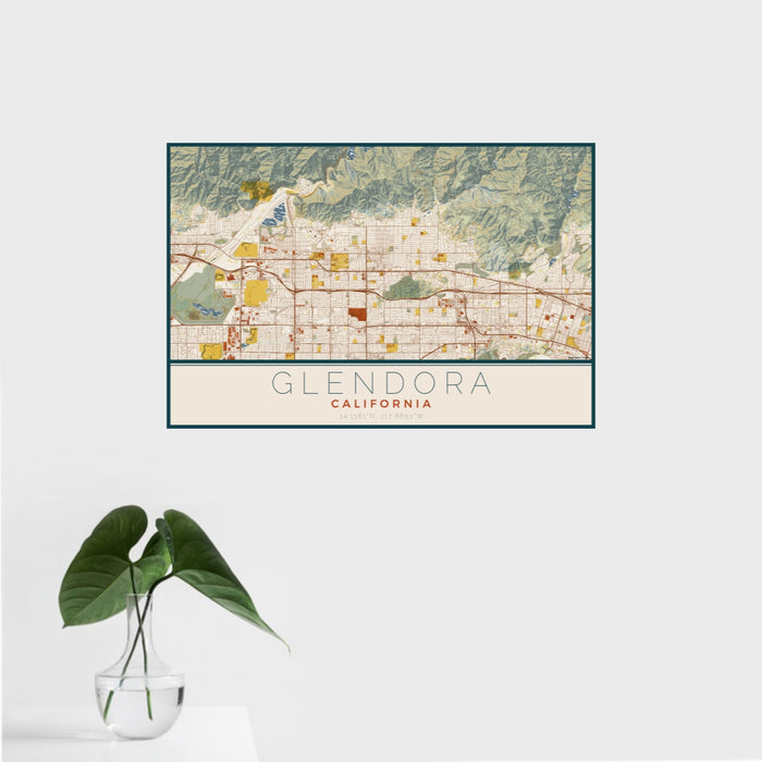 16x24 Glendora California Map Print Landscape Orientation in Woodblock Style With Tropical Plant Leaves in Water