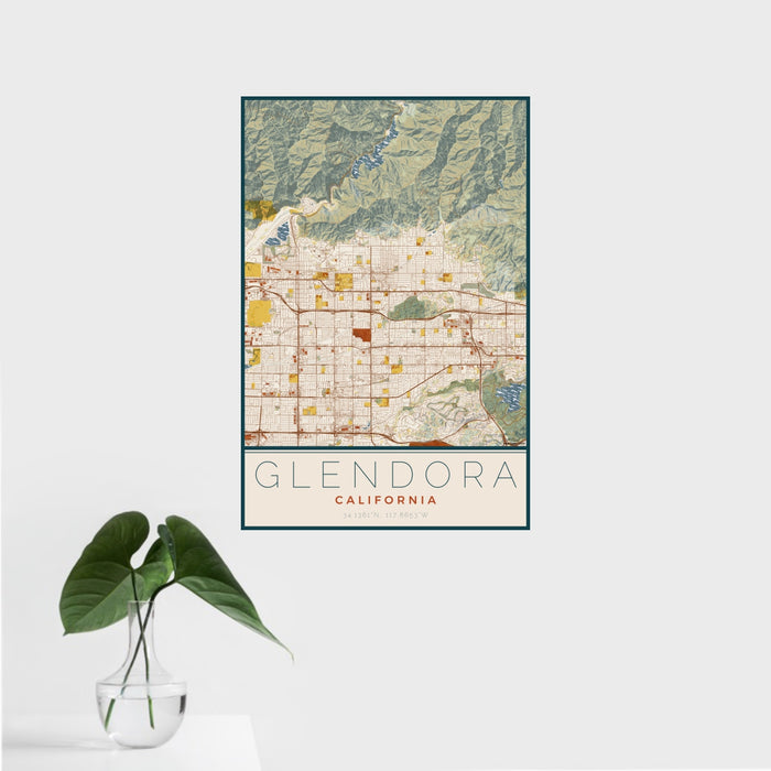 16x24 Glendora California Map Print Portrait Orientation in Woodblock Style With Tropical Plant Leaves in Water