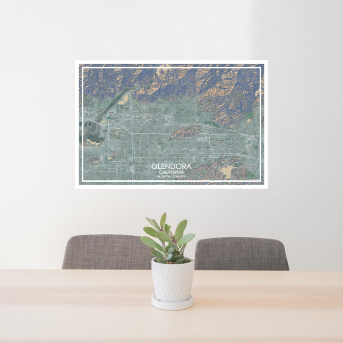 24x36 Glendora California Map Print Lanscape Orientation in Afternoon Style Behind 2 Chairs Table and Potted Plant