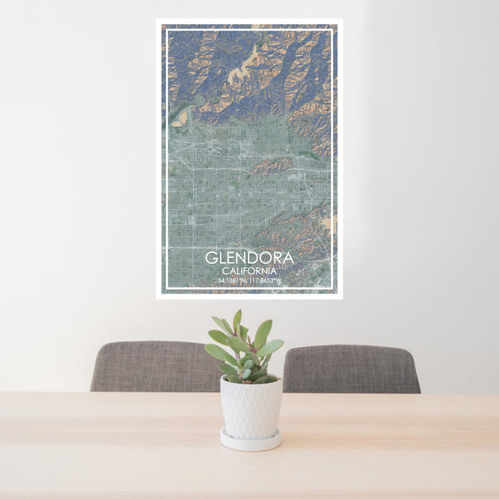 24x36 Glendora California Map Print Portrait Orientation in Afternoon Style Behind 2 Chairs Table and Potted Plant
