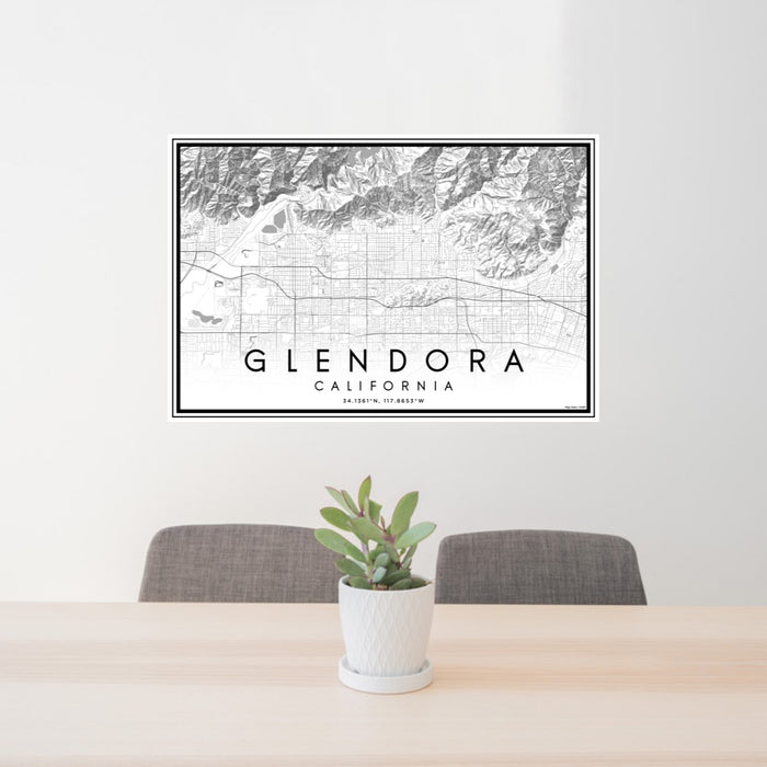 24x36 Glendora California Map Print Lanscape Orientation in Classic Style Behind 2 Chairs Table and Potted Plant