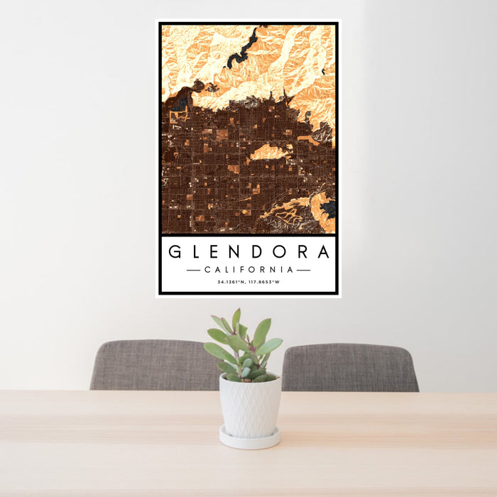 24x36 Glendora California Map Print Portrait Orientation in Ember Style Behind 2 Chairs Table and Potted Plant