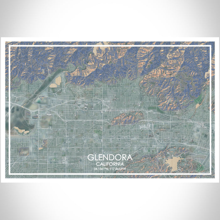 Glendora California Map Print Landscape Orientation in Afternoon Style With Shaded Background