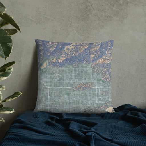Custom Glendora California Map Throw Pillow in Afternoon on Bedding Against Wall