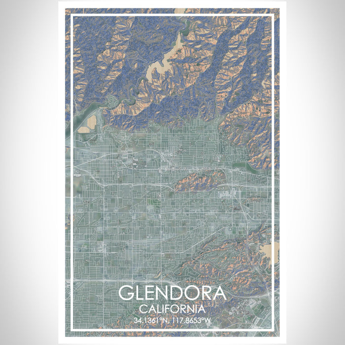 Glendora California Map Print Portrait Orientation in Afternoon Style With Shaded Background