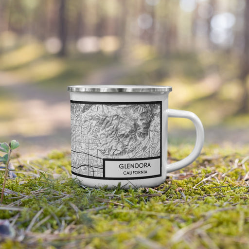 Right View Custom Glendora California Map Enamel Mug in Classic on Grass With Trees in Background