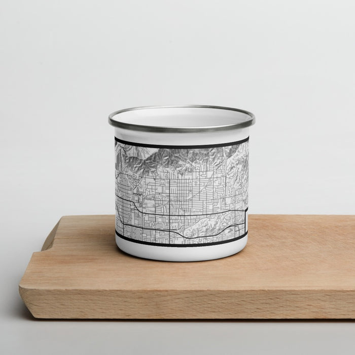 Front View Custom Glendora California Map Enamel Mug in Classic on Cutting Board