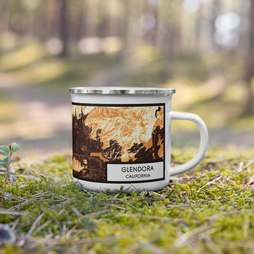 Right View Custom Glendora California Map Enamel Mug in Ember on Grass With Trees in Background