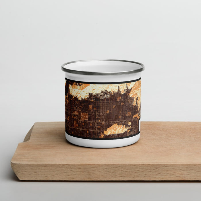 Front View Custom Glendora California Map Enamel Mug in Ember on Cutting Board