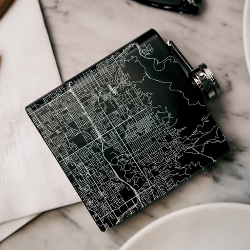 Glendora California Custom Engraved City Map Inscription Coordinates on 6oz Stainless Steel Flask in Black