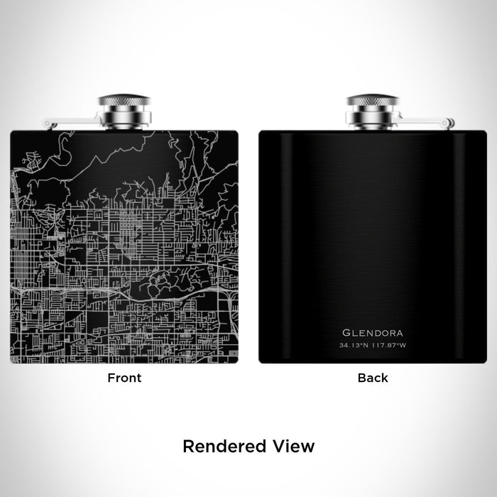 Rendered View of Glendora California Map Engraving on 6oz Stainless Steel Flask in Black