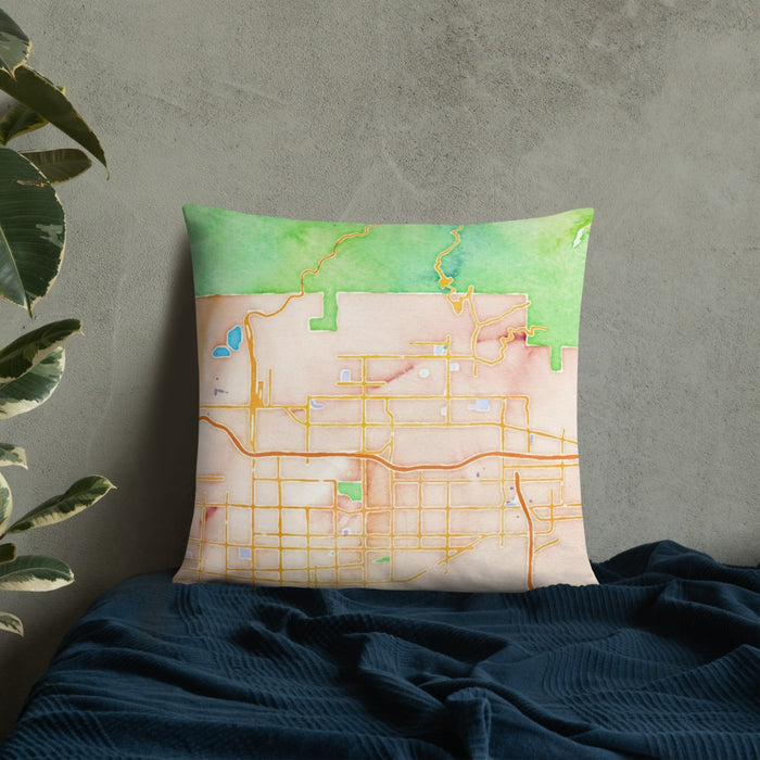 Custom Glendora California Map Throw Pillow in Watercolor on Bedding Against Wall