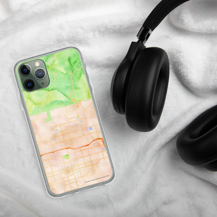 Custom Glendora California Map Phone Case in Watercolor on Table with Black Headphones