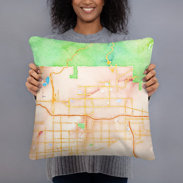 Person holding 18x18 Custom Glendora California Map Throw Pillow in Watercolor