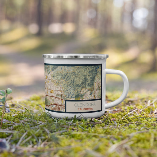 Right View Custom Glendora California Map Enamel Mug in Woodblock on Grass With Trees in Background