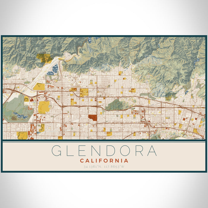 Glendora California Map Print Landscape Orientation in Woodblock Style With Shaded Background