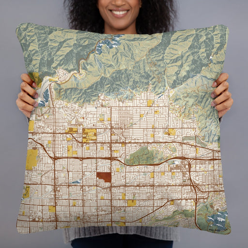 Person holding 22x22 Custom Glendora California Map Throw Pillow in Woodblock