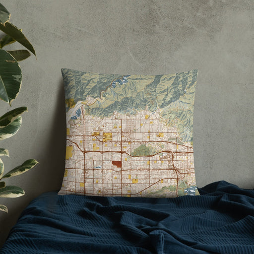 Custom Glendora California Map Throw Pillow in Woodblock on Bedding Against Wall