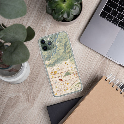 Custom Glendora California Map Phone Case in Woodblock on Table with Laptop and Plant