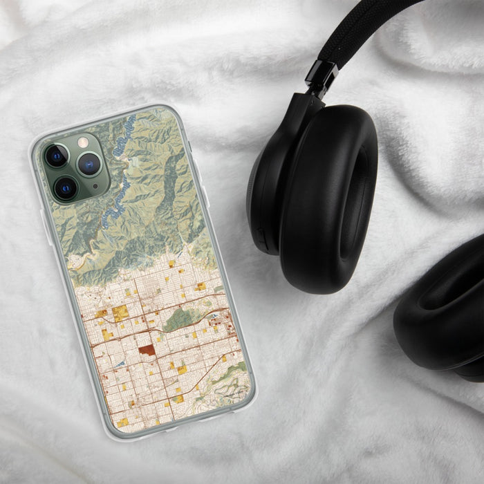 Custom Glendora California Map Phone Case in Woodblock on Table with Black Headphones