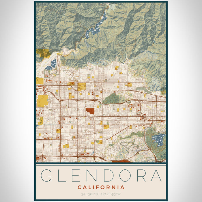 Glendora California Map Print Portrait Orientation in Woodblock Style With Shaded Background
