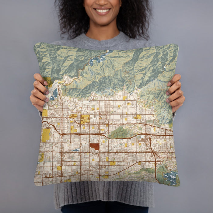 Person holding 18x18 Custom Glendora California Map Throw Pillow in Woodblock