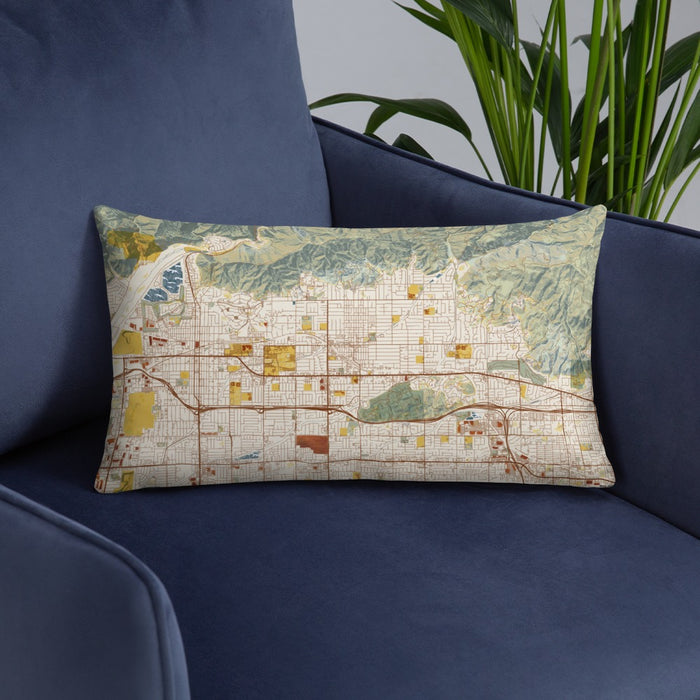 Custom Glendora California Map Throw Pillow in Woodblock on Blue Colored Chair