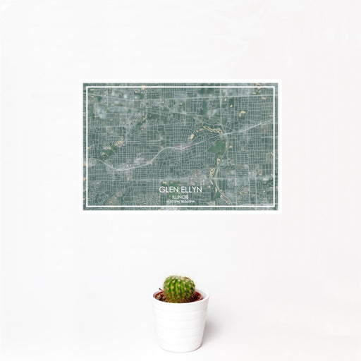12x18 Glen Ellyn Illinois Map Print Landscape Orientation in Afternoon Style With Small Cactus Plant in White Planter
