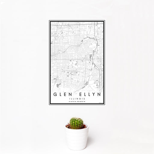 12x18 Glen Ellyn Illinois Map Print Portrait Orientation in Classic Style With Small Cactus Plant in White Planter