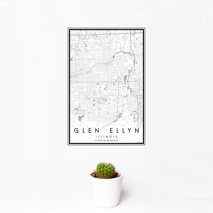 12x18 Glen Ellyn Illinois Map Print Portrait Orientation in Classic Style With Small Cactus Plant in White Planter