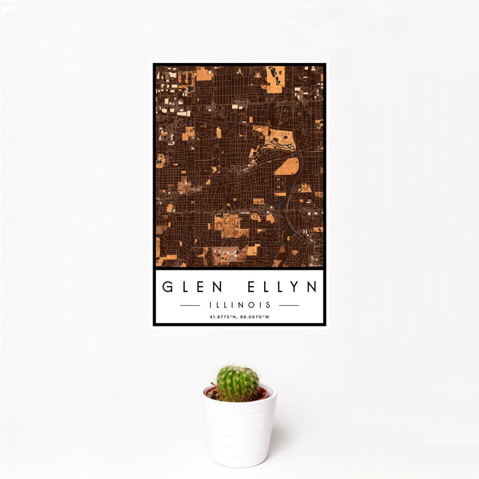 12x18 Glen Ellyn Illinois Map Print Portrait Orientation in Ember Style With Small Cactus Plant in White Planter