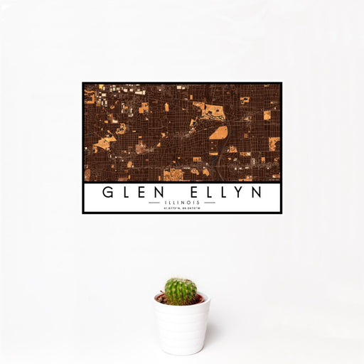 12x18 Glen Ellyn Illinois Map Print Landscape Orientation in Ember Style With Small Cactus Plant in White Planter