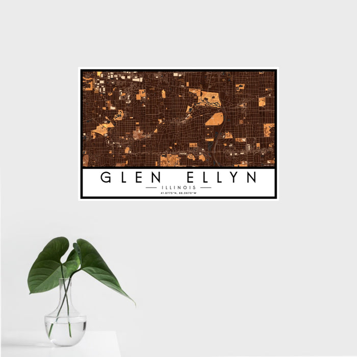 16x24 Glen Ellyn Illinois Map Print Landscape Orientation in Ember Style With Tropical Plant Leaves in Water