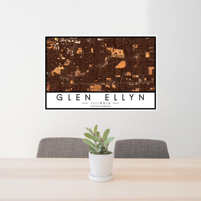 24x36 Glen Ellyn Illinois Map Print Landscape Orientation in Ember Style Behind 2 Chairs Table and Potted Plant