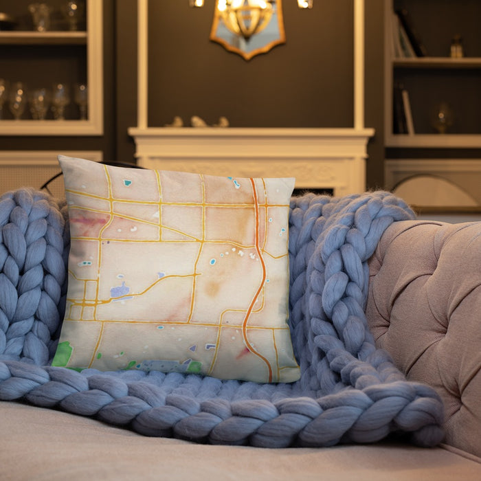 Custom Glen Ellyn Illinois Map Throw Pillow in Watercolor on Cream Colored Couch