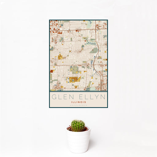 12x18 Glen Ellyn Illinois Map Print Portrait Orientation in Woodblock Style With Small Cactus Plant in White Planter