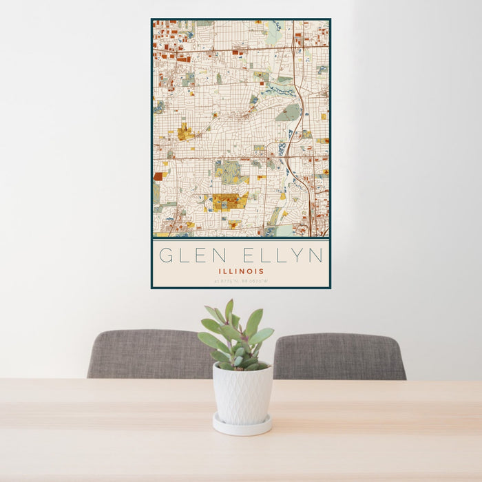 24x36 Glen Ellyn Illinois Map Print Portrait Orientation in Woodblock Style Behind 2 Chairs Table and Potted Plant