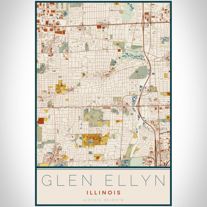 Glen Ellyn Illinois Map Print Portrait Orientation in Woodblock Style With Shaded Background