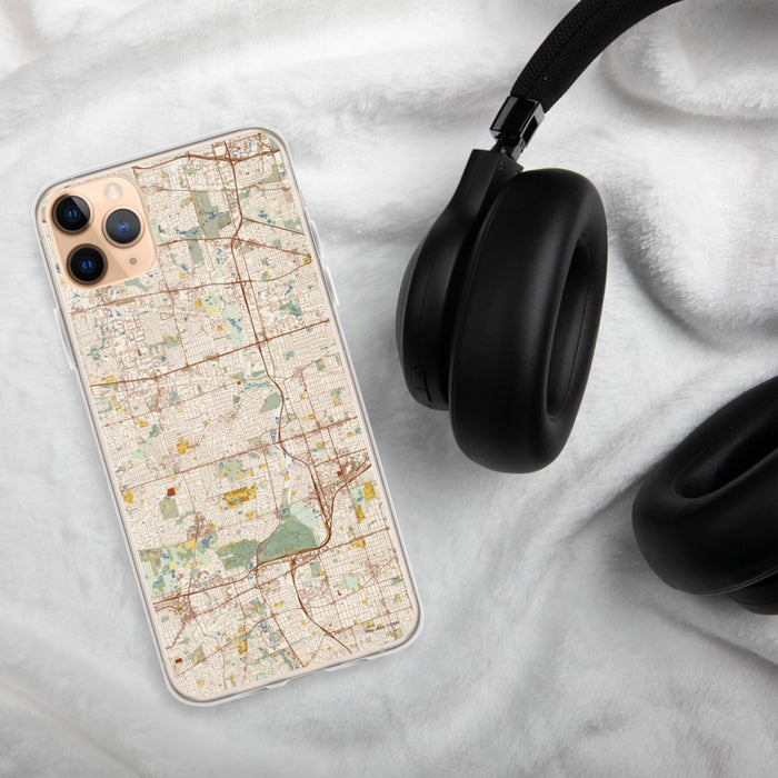 Custom Glen Ellyn Illinois Map Phone Case in Woodblock on Table with Black Headphones