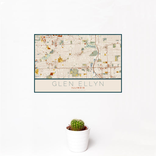12x18 Glen Ellyn Illinois Map Print Landscape Orientation in Woodblock Style With Small Cactus Plant in White Planter