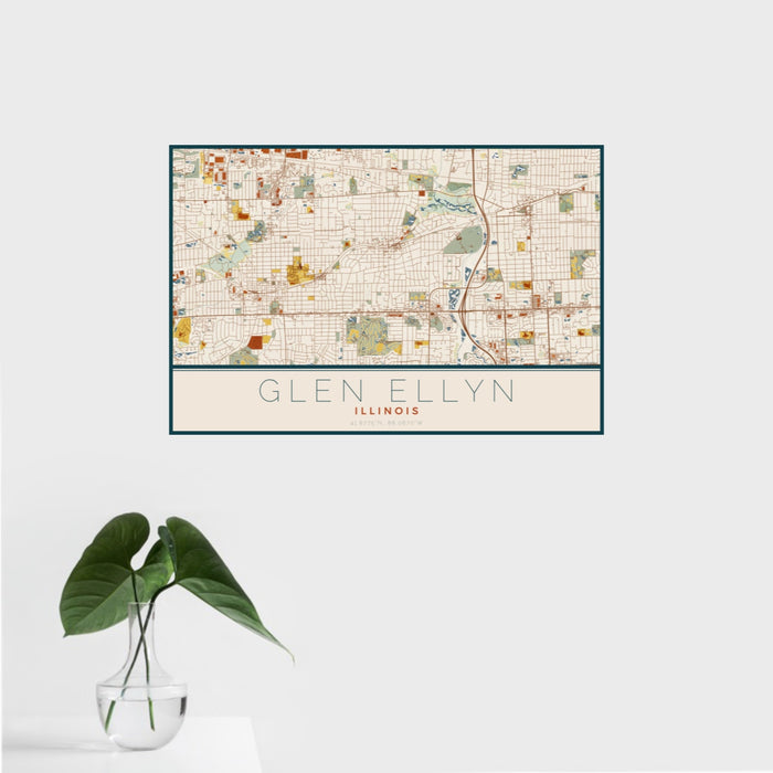 16x24 Glen Ellyn Illinois Map Print Landscape Orientation in Woodblock Style With Tropical Plant Leaves in Water
