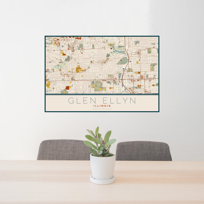 24x36 Glen Ellyn Illinois Map Print Landscape Orientation in Woodblock Style Behind 2 Chairs Table and Potted Plant