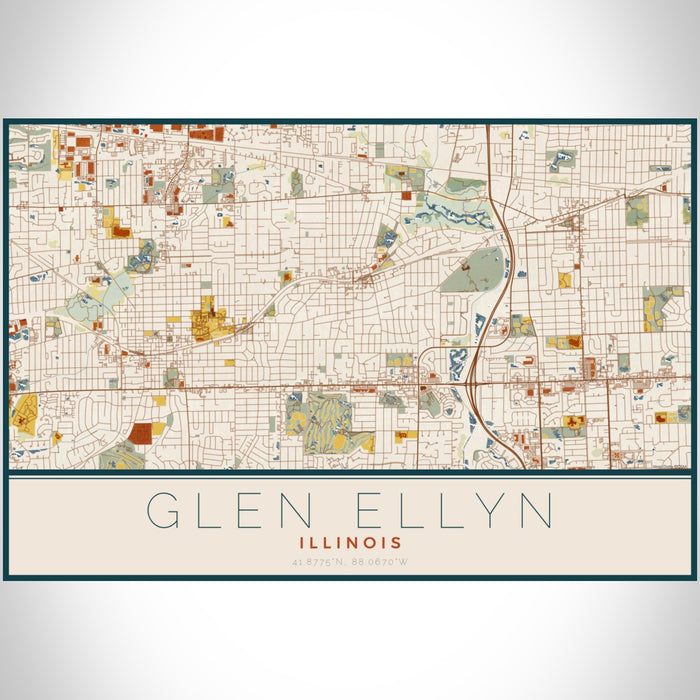 Glen Ellyn Illinois Map Print Landscape Orientation in Woodblock Style With Shaded Background