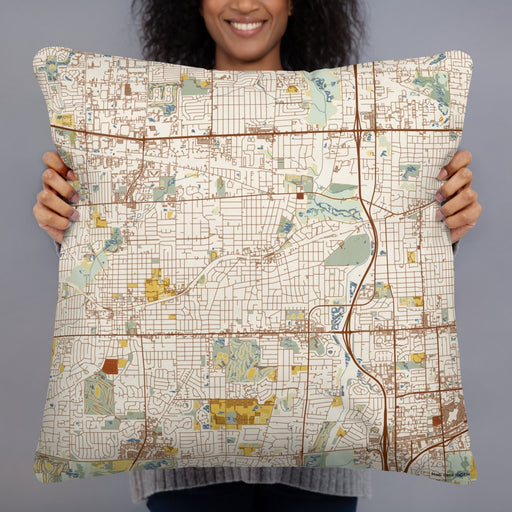 Person holding 22x22 Custom Glen Ellyn Illinois Map Throw Pillow in Woodblock
